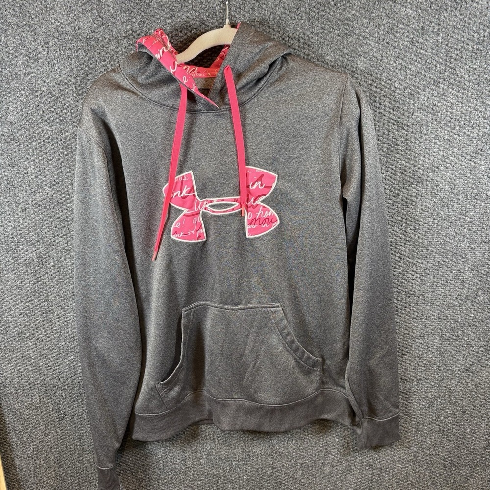 Under Armour UA Storm Womens Gray/Pink Logo cancer Pullover Hoodie Pockets sz M